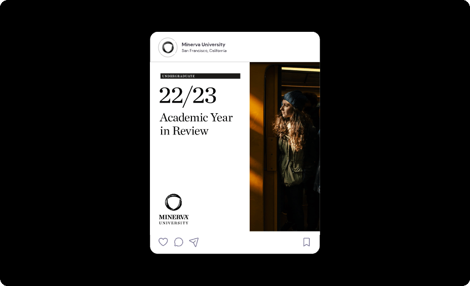 A social media post for Minerva University, San Francisco, California, announcing the 2022/23 Academic Year in Review, noting voted "Most Innovative University in the World" 2 years in a row.