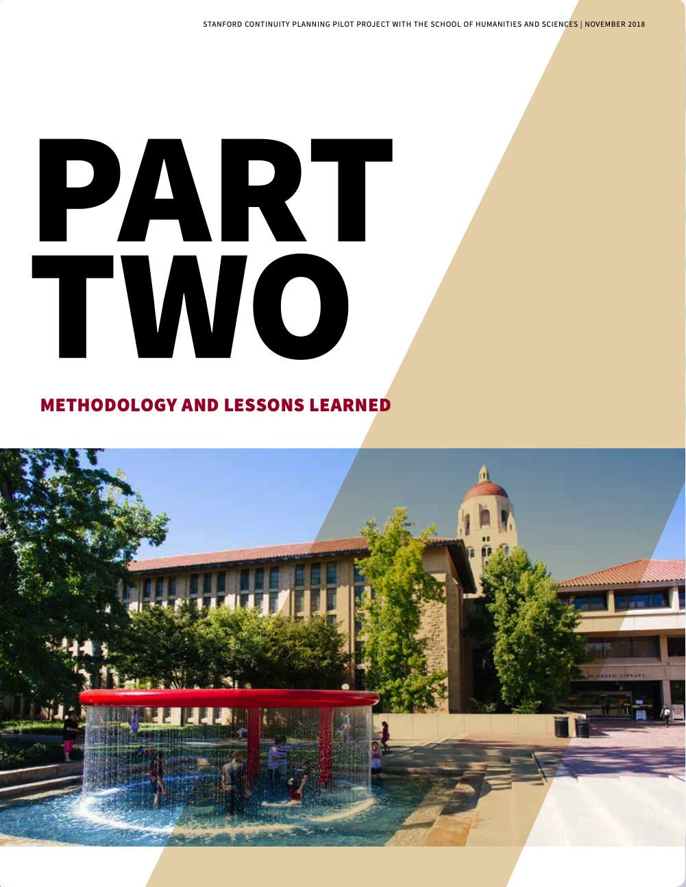 Book cover titled 'Part Two' with subtitle 'Methodology and Lessons Learned' and a photo of a university campus with a fountain, trees, and a historic building in the background.