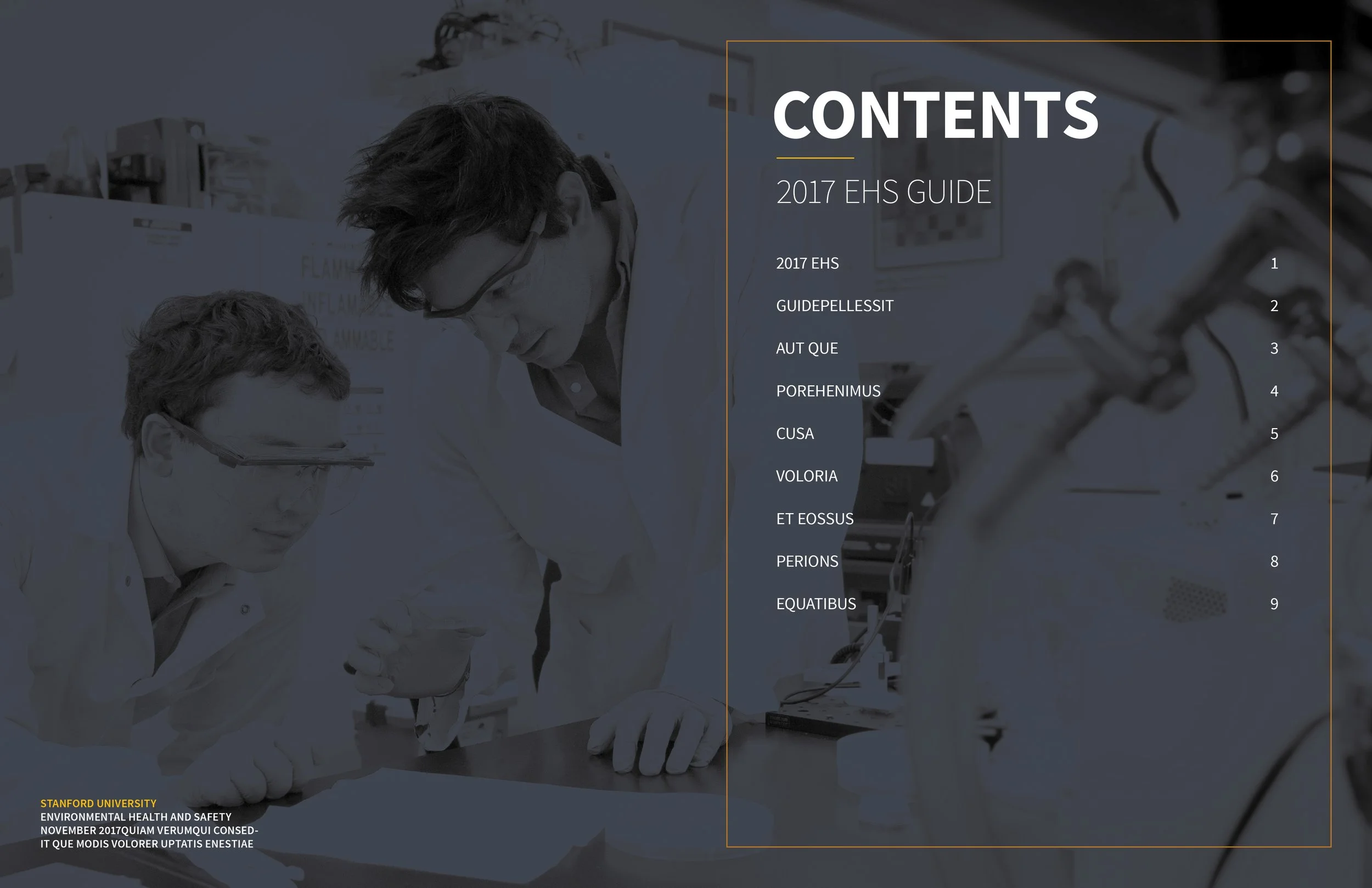 A cover page or table of contents for a 2017 health and safety guide from Stanford University, showing researchers working in a laboratory.