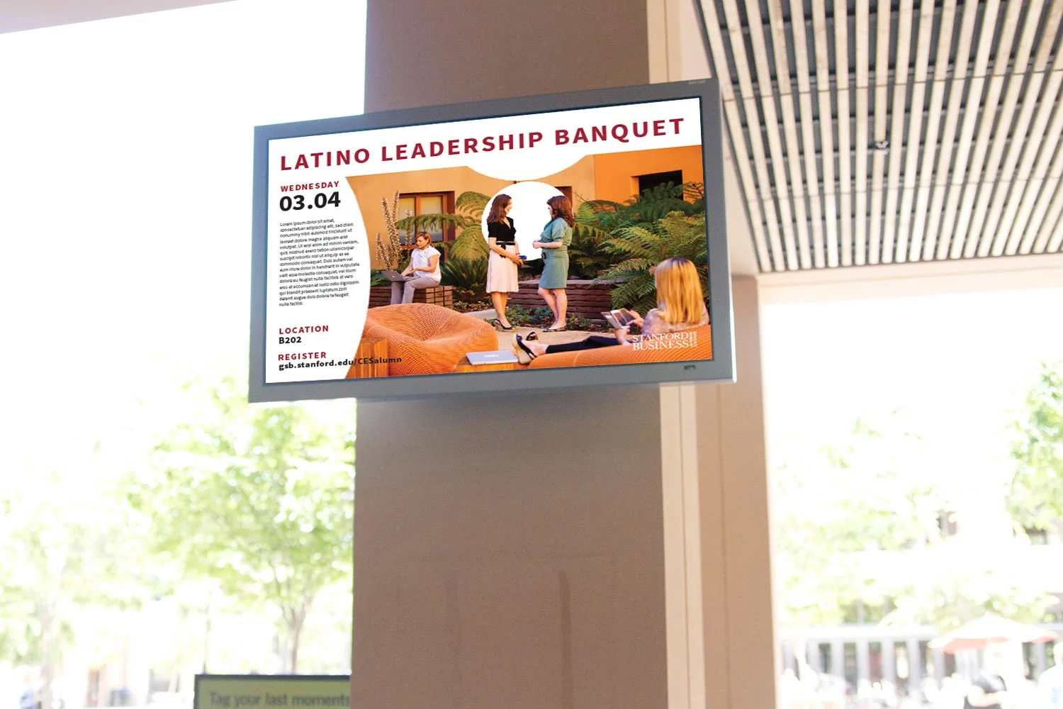 Digital poster advertising the Latino Leadership Banquet at Stanford Business School of Business with event date, location, and registration link, featuring people conversing and using technology outdoors.