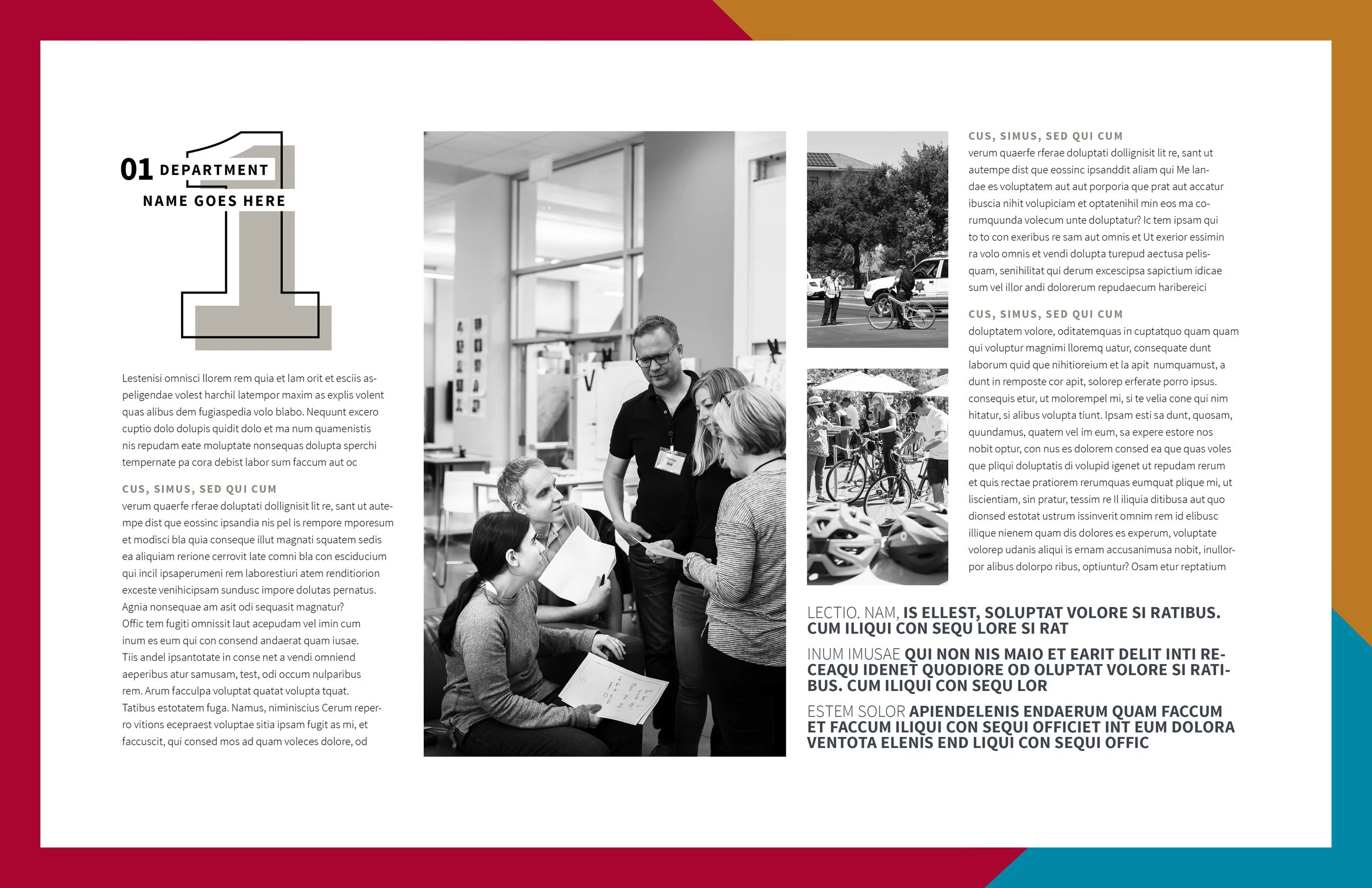 A newspaper or magazine layout with black-and-white photographs of people in a discussion, outdoors with bicycles, and an indoor scene with people at a desk. The layout includes placeholder text in Latin, various colored borders, and a prominent graphic element with the number 01 and some text.