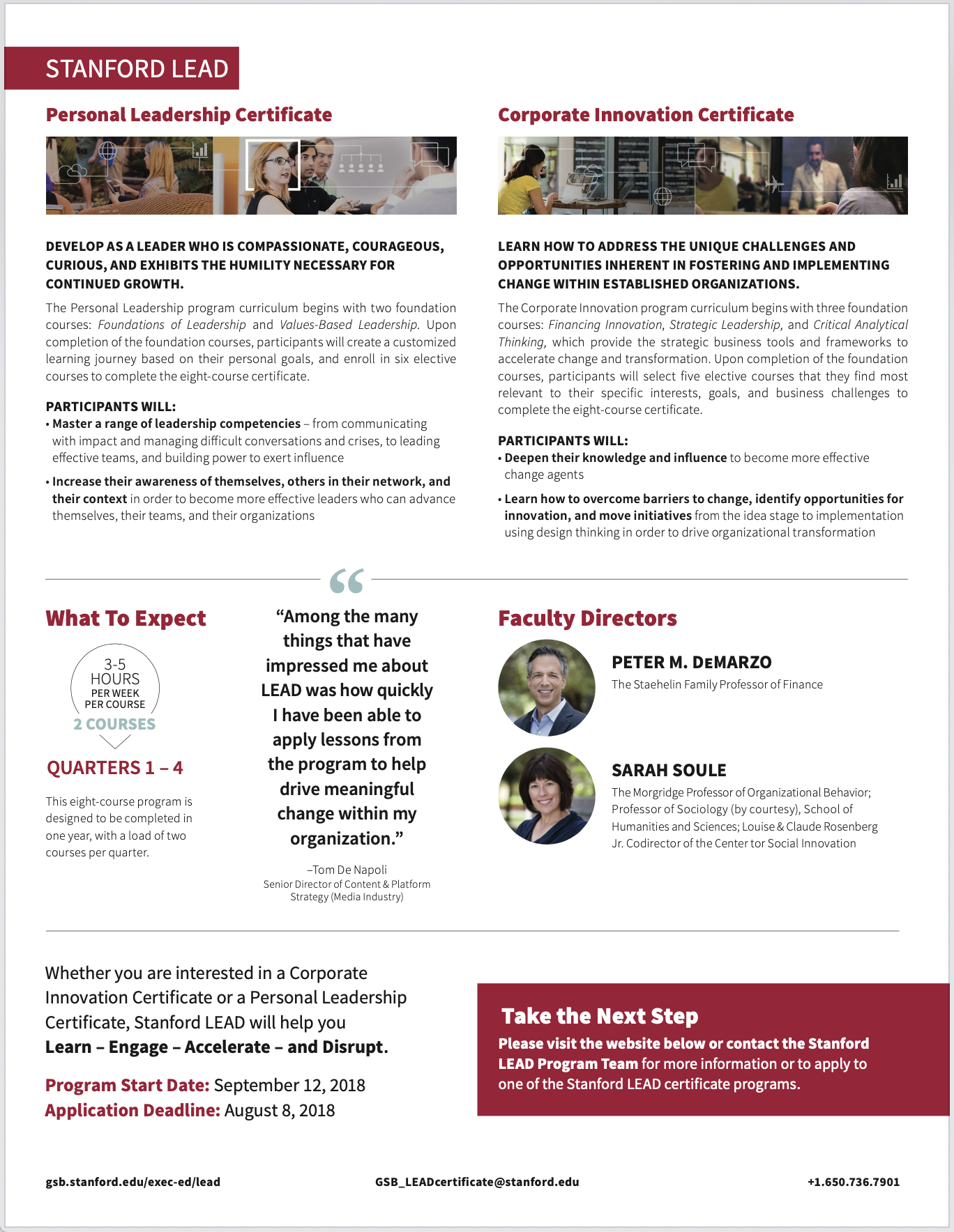 Information flyer for Stanford LEAD programs, including Personal Leadership Certificate and Corporate Innovation Certificate, with course descriptions, faculty photos, application details, and start dates.