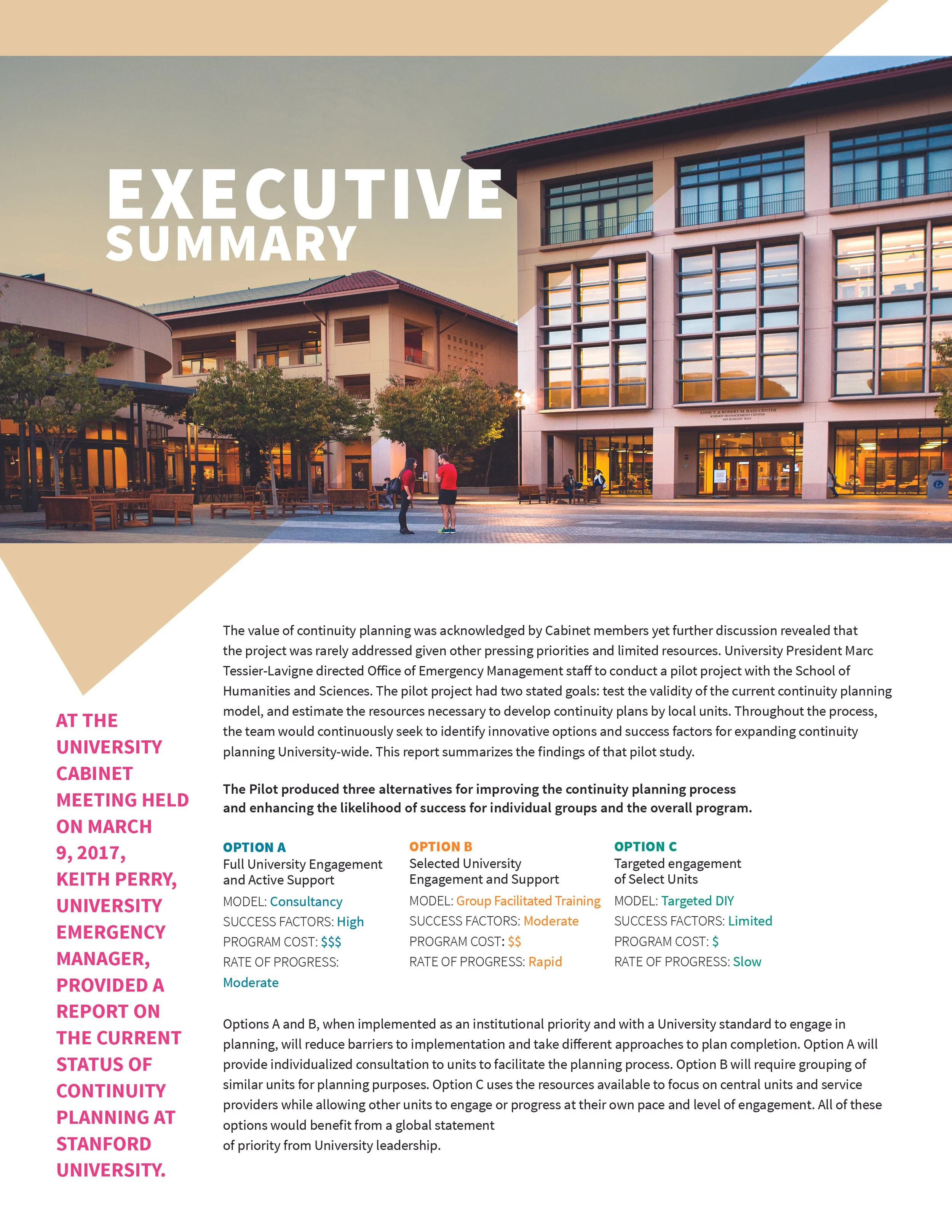 This is a page from a report or presentation with the title 'Executive Summary' overlaid on an image of a university campus building at sunset. The building has large windows, trees, and benches outside, with some people walking or sitting.
