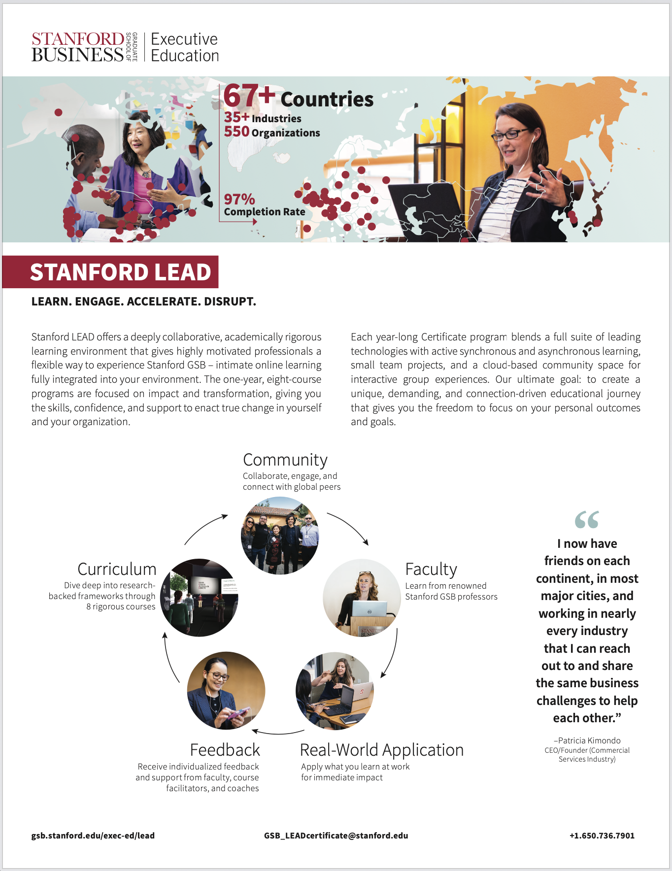 A promotional flyer for Stanford GSB's Executive Education program features a world map with dots representing over 67 countries. It highlights the program's global reach, 97% completion rate, and the number of industries and organizations involved. The flyer includes text about the program's collaborative, online learning environment, life-long community, and professional growth. It also depicts a circular infographic illustrating components such as curriculum, community, faculty, real-world application, feedback, and individual support, with photos of diverse professionals engaged in various activities.