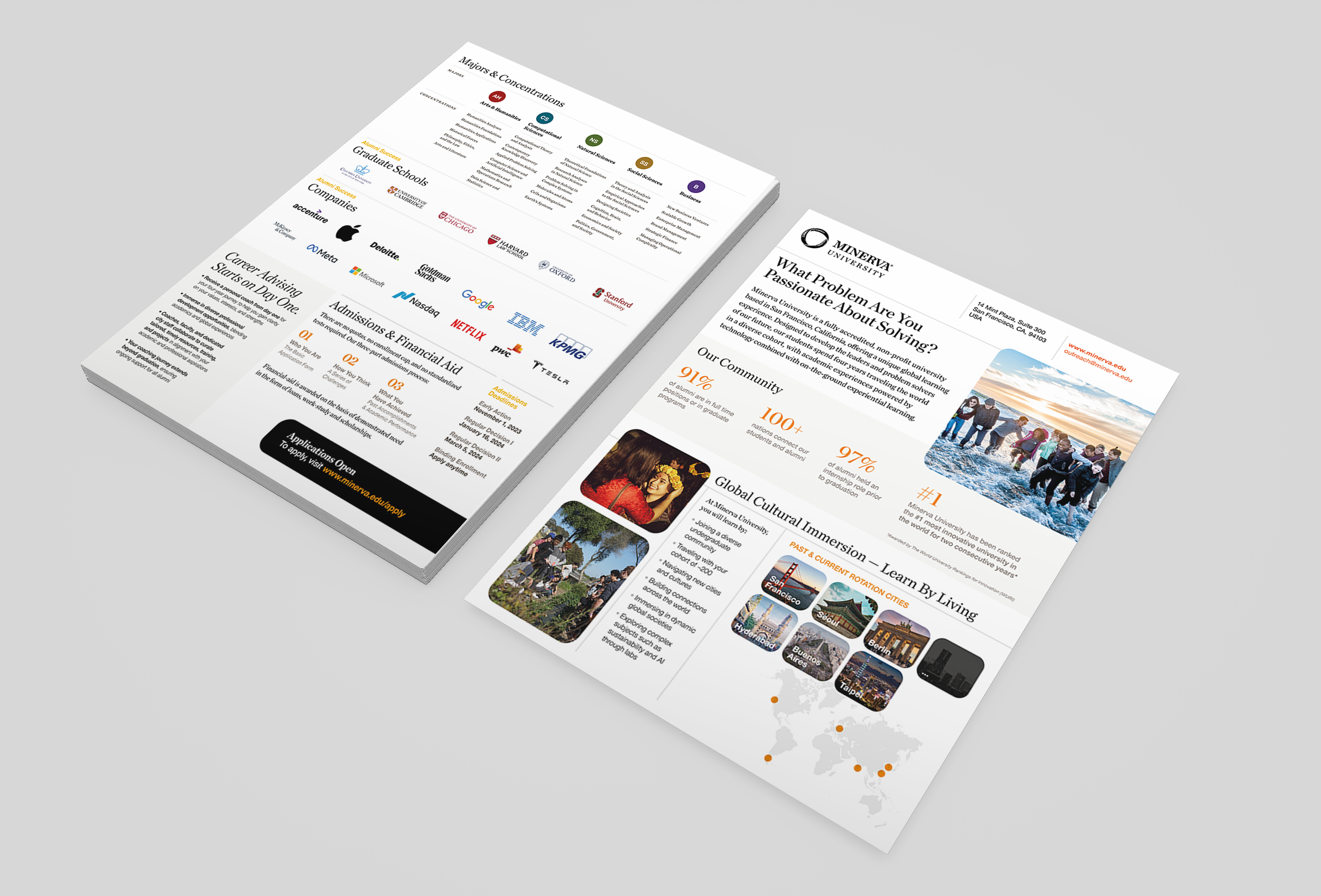 Printed one page document used for Outreach for Minerva University with high-level information about what a student can expect and gain by attending Minerva University.