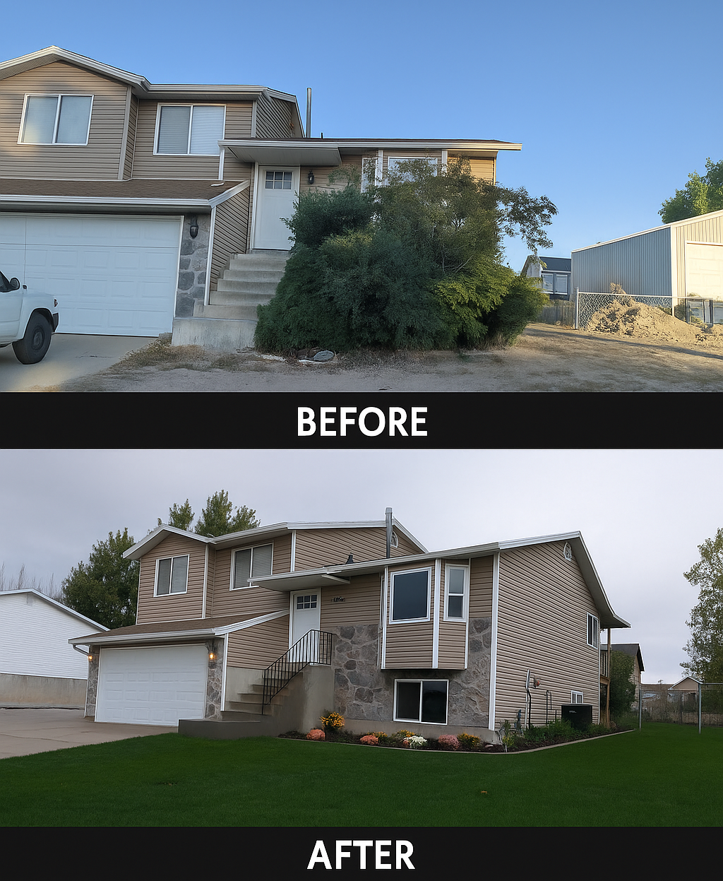 Before and after photos of a house renovation. The house features a two-story structure with a garage, with the backyard lawn improved from dirt to green grass, and exterior updates including new siding, window trim, and landscaping.