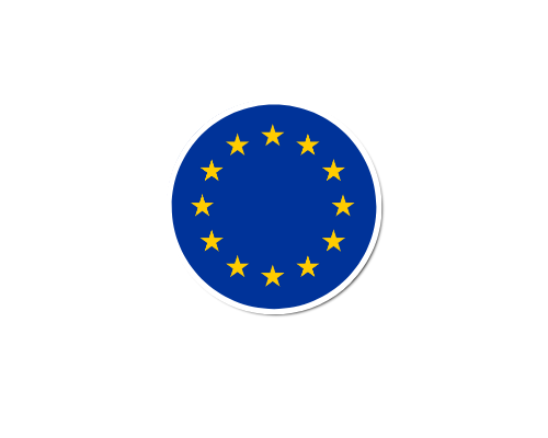 Black circle with the EU flag, featuring a blue background with yellow stars, and the words "European Union" above it.
