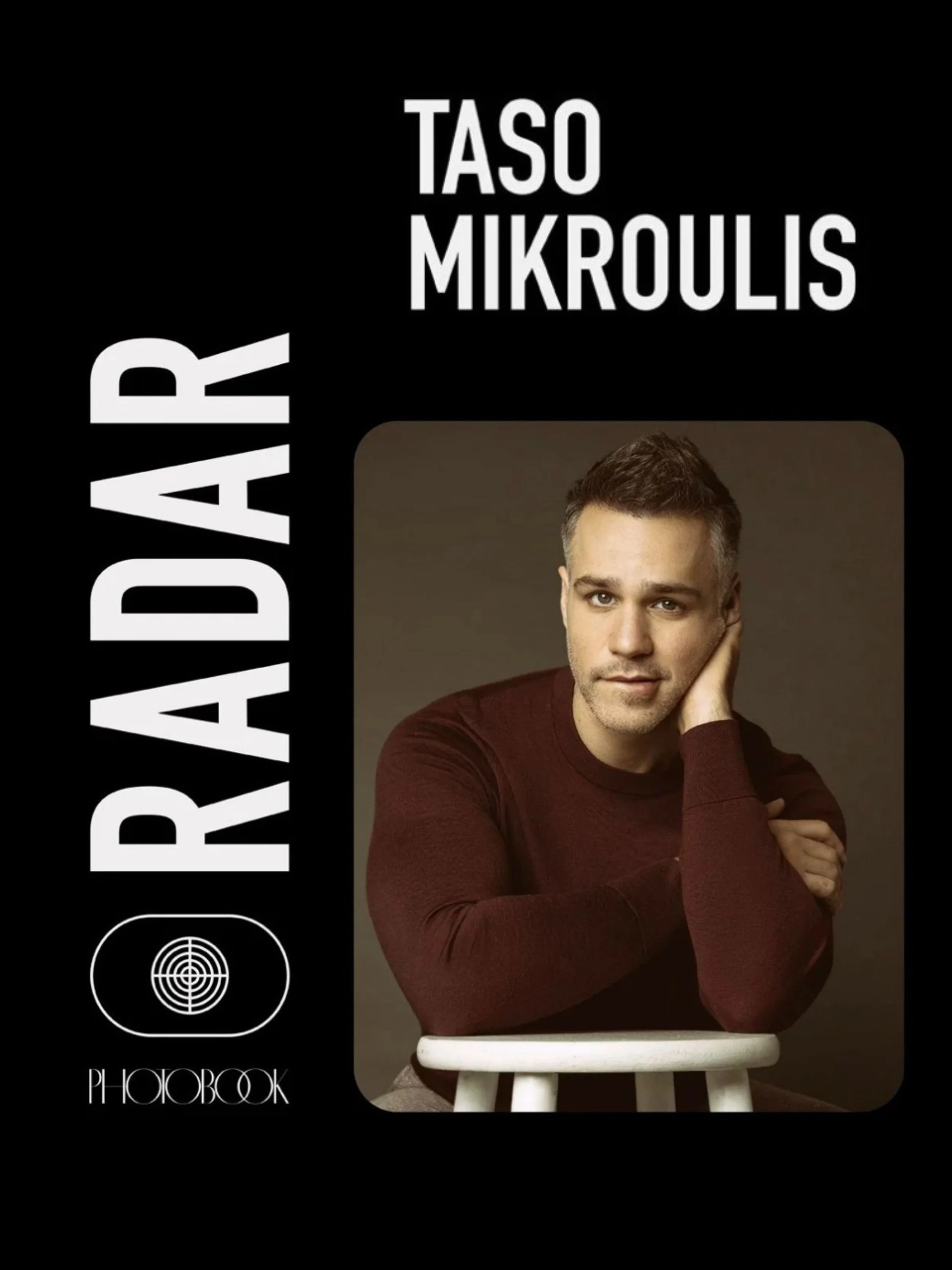 American-Greek-EU actor Taso Mikroulis Sag/aea actorin a brown sweater for Photobook magazine hazel eyes, grey mixed brunette 40s male