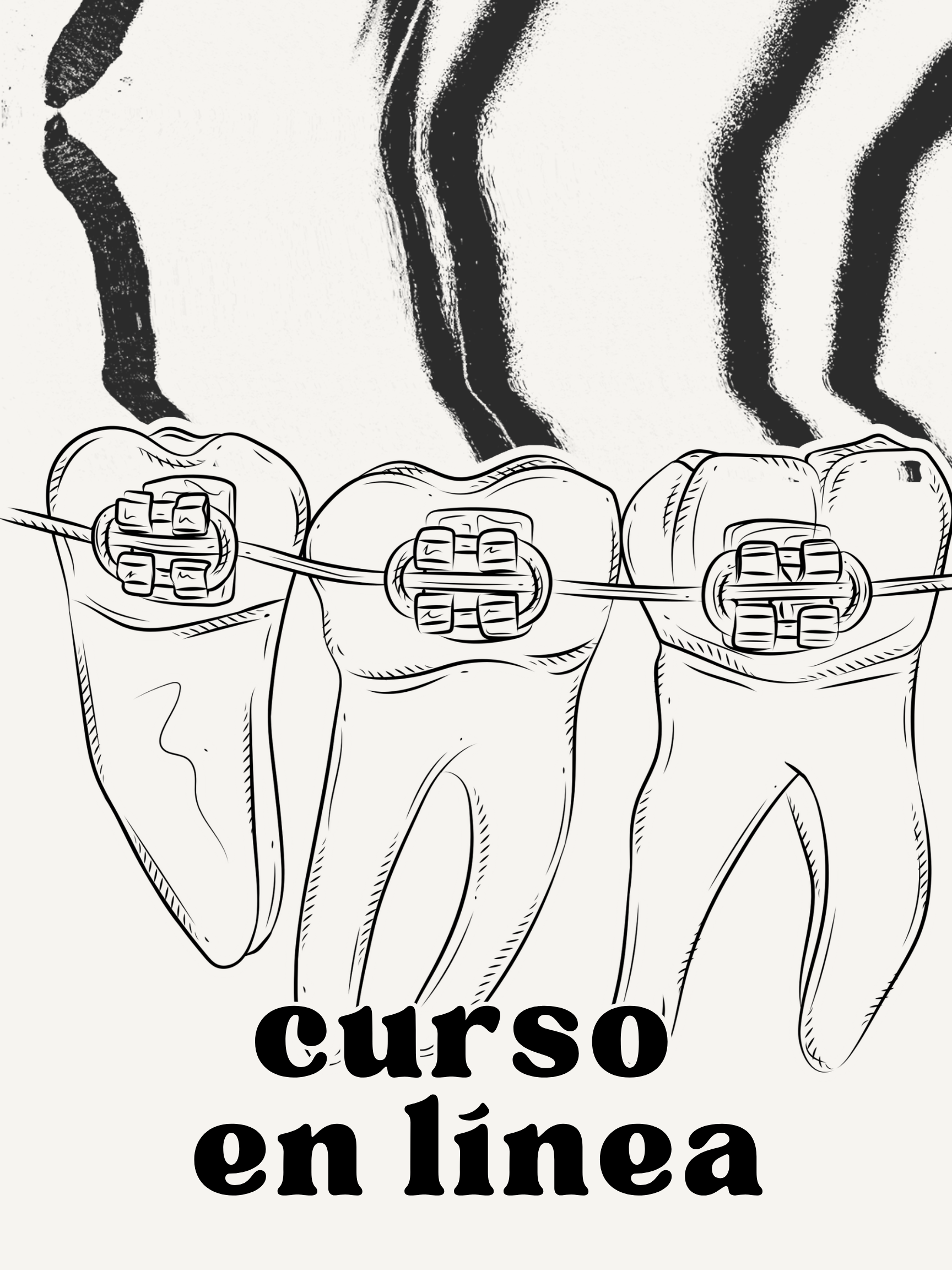 Dibujo de tres dientes con brackets de ortodoncia y el texto 'curso en línea'