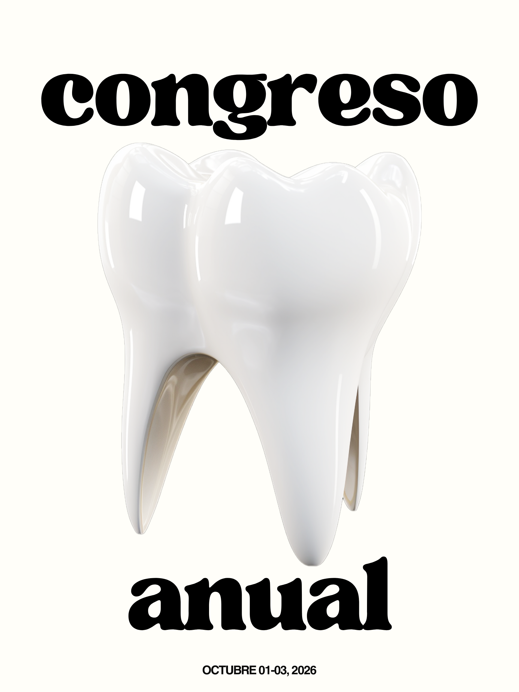 Cartel con un diente de muela gigante y texto en español que dice 'congreso anual' y las fechas Octubre 1-3, 2026.
