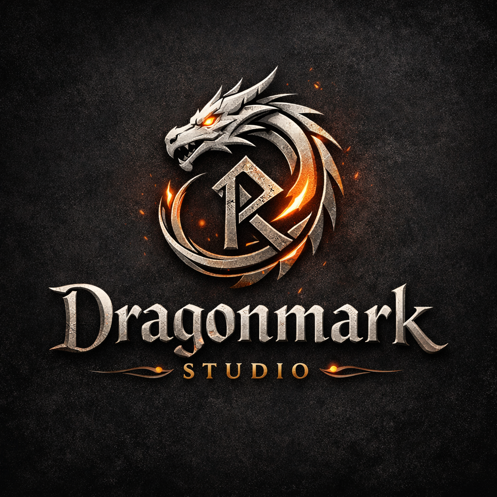 A logo featuring a stylized silver dragon head with glowing orange eyes, coiled around a metallic inscription that appears to be a dragon symbol. Below, the text 'Dragonmark Studio' is written in a medieval-style font, with the word 'Studio' in smaller gold letters. The background is dark and textured, with fiery sparks around the dragon and text.