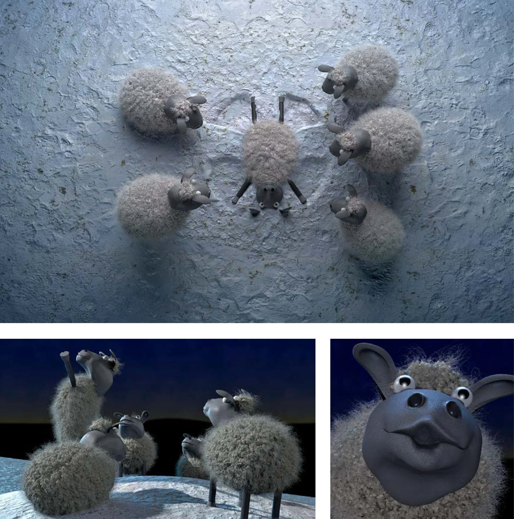 Animated sheep characters, with one sheep in the center having a mask-style face with big eyes, surrounded by other sheep in different poses, in a digital art style.