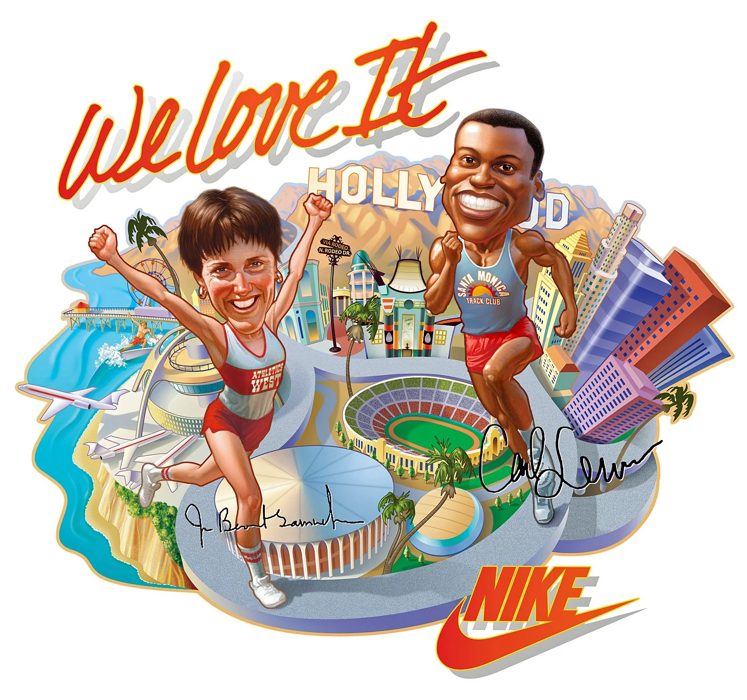 A cartoon illustration of two athletes running in front of a colorful cityscape with mountains, buildings, and iconic landmarks of Hollywood, Los Angeles. The scene features the Hollywood Sign, a stadium, palm trees, and water elements, with a bright, vibrant background. The words 'Welcome It' are at the top, along with the Nike logo at the bottom right.