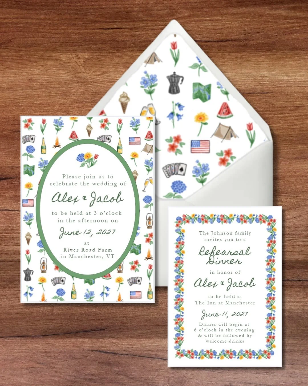 Loved how this invitation suite came together! The goals were to 1) use lots of color, 2) include camping in the theme, and 3) keep it playful - and I think we hit all three!