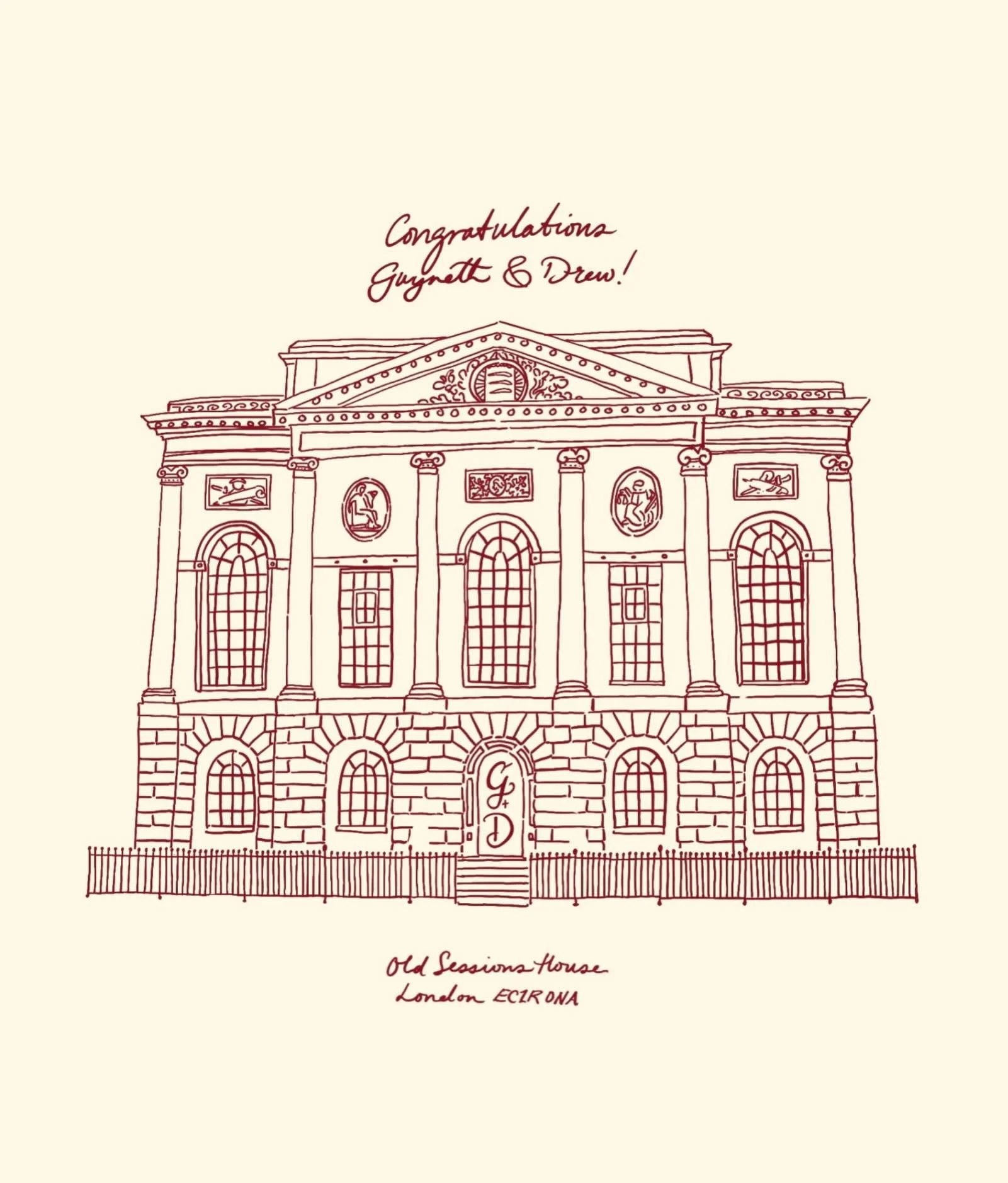 Congrats to my two friends (and ~clients) on getting married today!! To mark the occasion, I&rsquo;m sketching their venue, the classically cool @old_sessions_house here in London. Cheers to Gwyneth and Drew!!