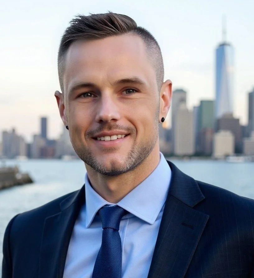 A man in a dark suit and light blue shirt smiling outdoors with a city skyline and river in the background.
