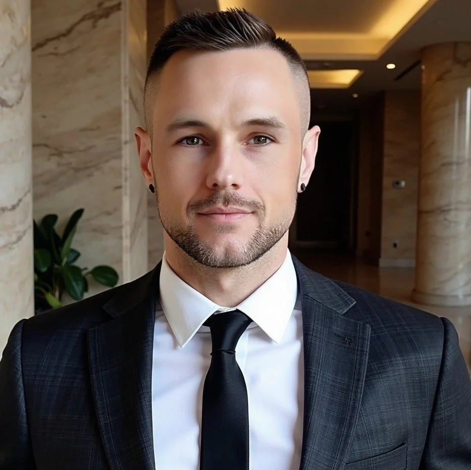 A man in a suit and tie smiling indoors.