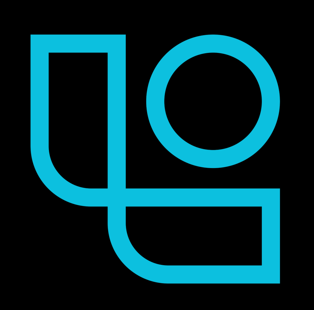 Blue geometric logo with abstract shapes on a black background.