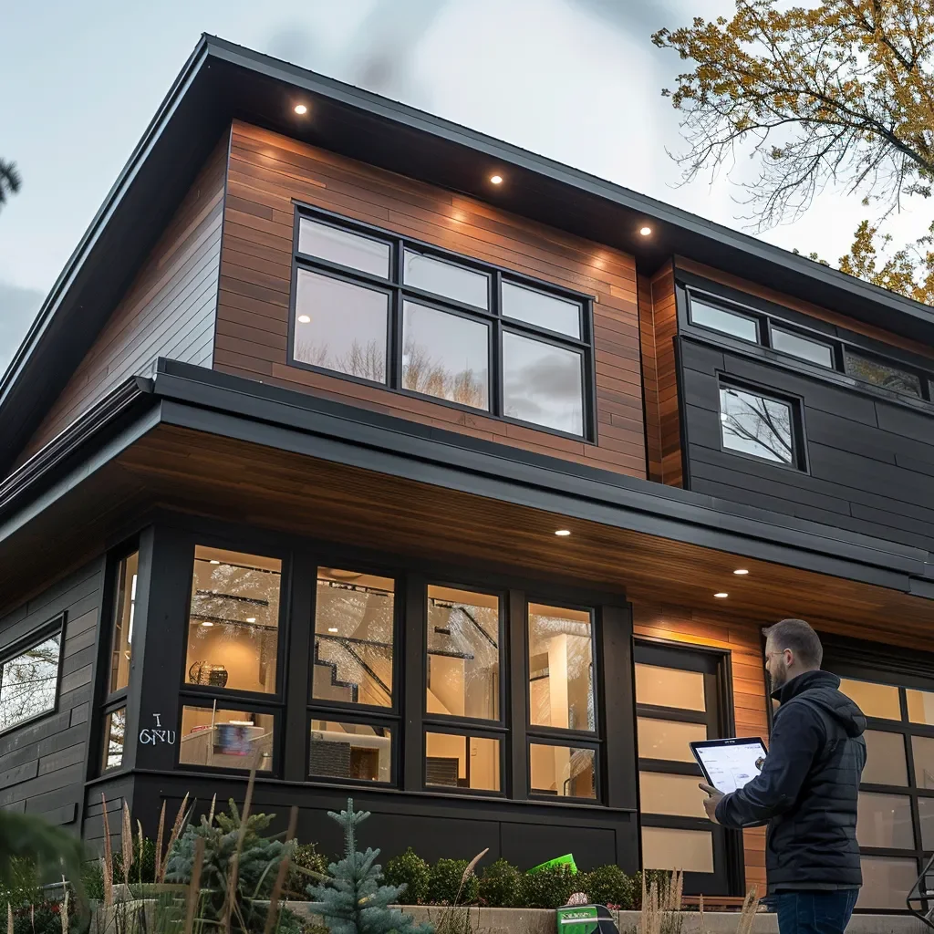 A modern two-story house with large windows, dark exterior siding, and a person standing outside using a tablet.