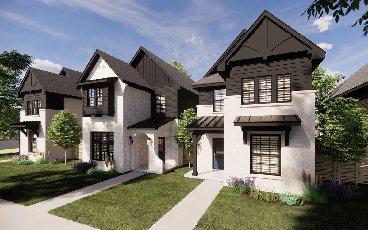 Three modern two-story houses with white brick exteriors, black roofs and window frames, small lawns, trees, and landscaped gardens under a partly cloudy sky.