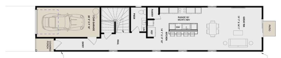 Floor plan of a house showing a garage, entry, hall, laundry room, pantry, kitchen, dining area, great room, and patio.