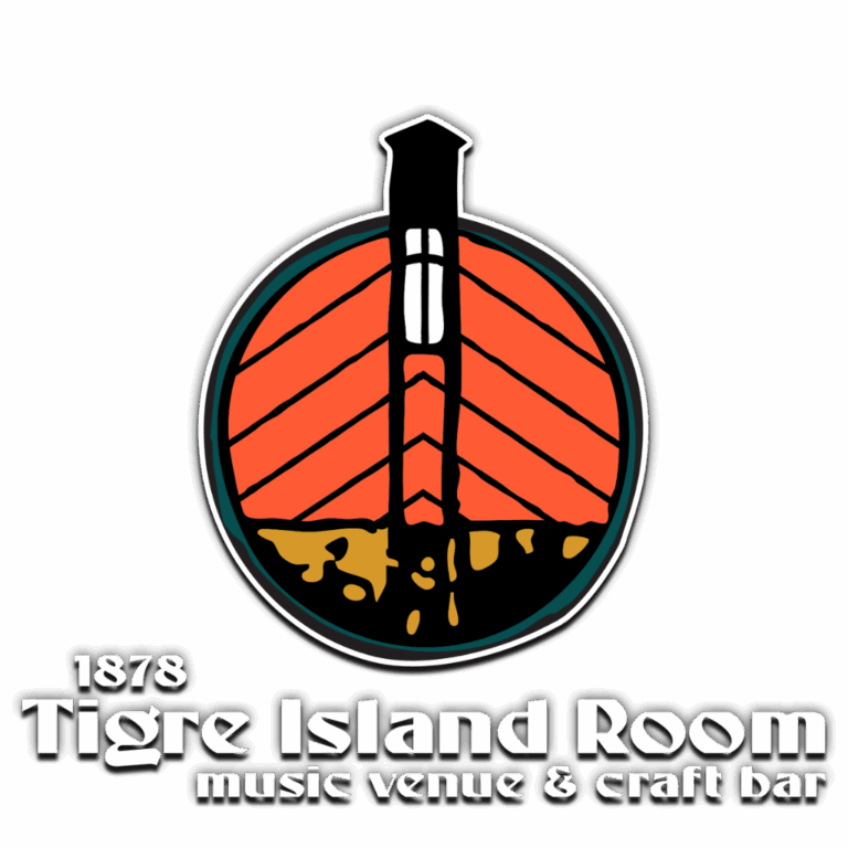 Logo for Tigre Island Room, featuring a stylized lighthouse with red and black stripes, and text indicating it's a music venue and craft bar established in 1878.