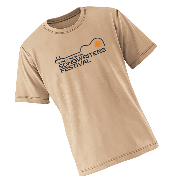 Beige T-shirt with a logo for the Fernandina Beach Songwriters Festival, featuring a stylized sun and text.