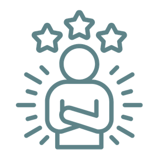 A simplified illustration of a person with three stars above their head, surrounded by lines indicating radiance or importance.