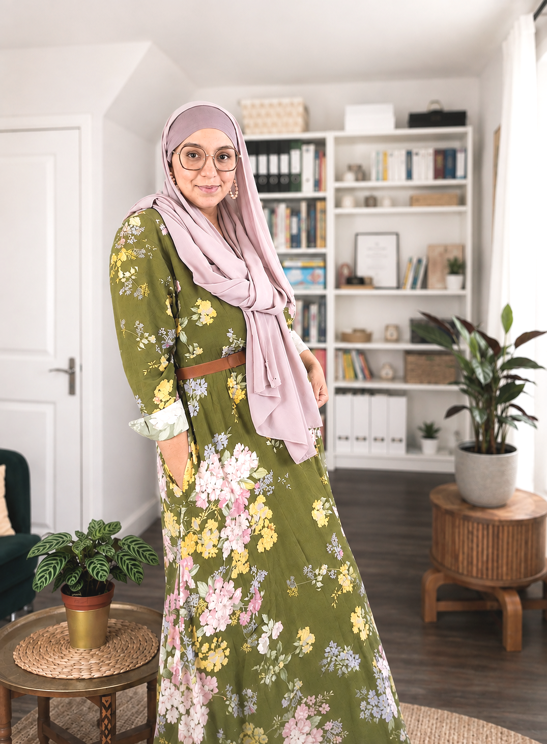 Woman wearing a floral green dress with a pink hijab standing in a cozy, well-organized living room with bookshelves, indoor plants, and wooden furniture.