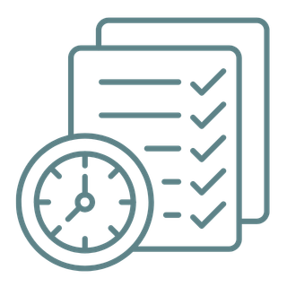 Checklist with five checked items and a clock indicating time