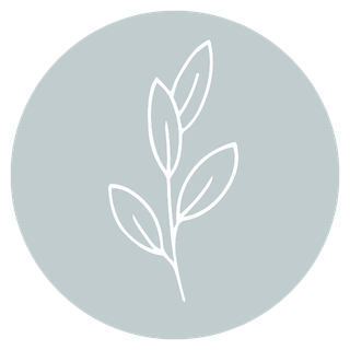 A simple line drawing of a plant with several leaves inside a gray circle.