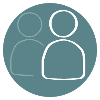 Icon of two user profiles, one larger in front and one smaller behind, on a teal background