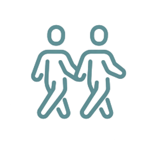 Two stylized figures holding hands and walking.