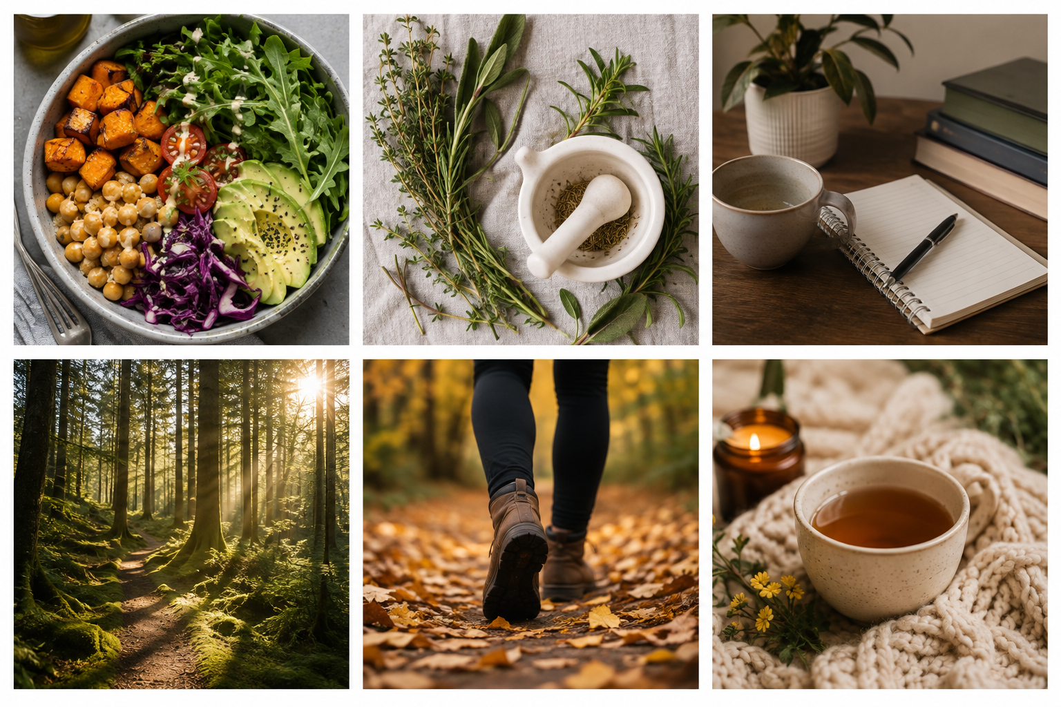Collage of six images: a colorful salad bowl, fresh herbs with a mortar and pestle, a workspace with a cup, notes, and books, a sunlit forest trail, a person walking on a fall leaf trail, and a cup of tea with a candle on a blanket.