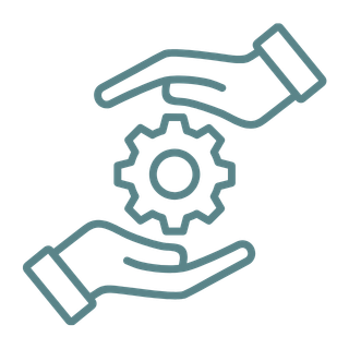 Illustration of two hands holding a gear, representing teamwork or collaboration in engineering or technology.