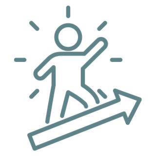 An icon of a person celebrating or cheering with an upward arrow indicating progress or growth.