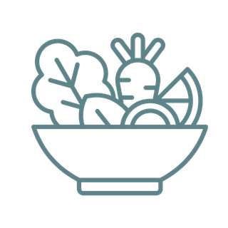 Outline illustration of a bowl of fresh vegetables including lettuce, carrot, tomato, and cucumber.