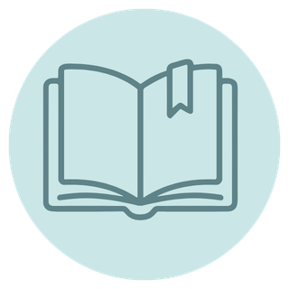 Icon of an open book with a bookmark inside, set against a light blue circular background.