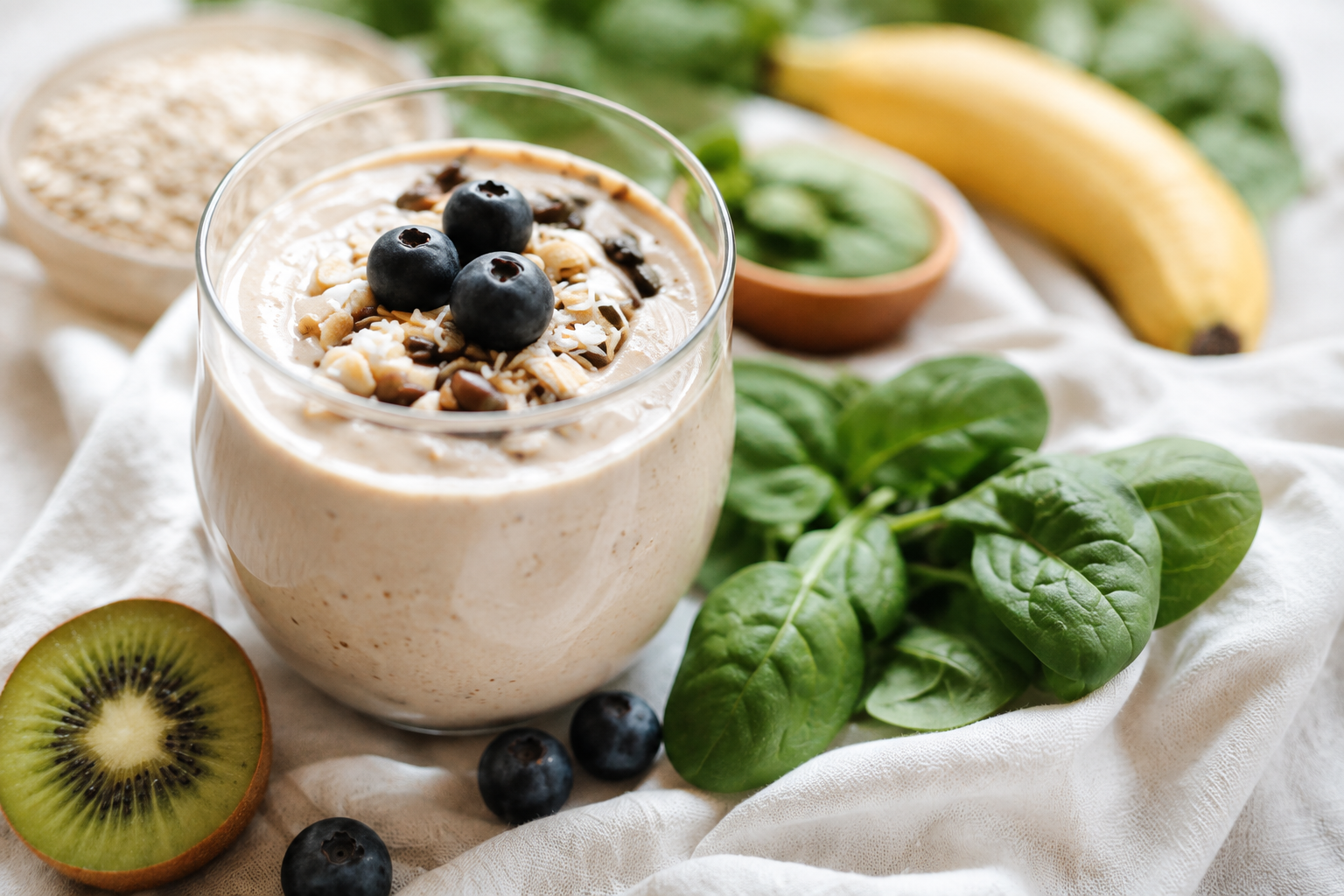 A glass of smoothie topped with blueberries, chopped nuts, and a drizzle of honey, with fresh kiwi, spinach leaves, banana, and a bowl of oats in the background on a white cloth.