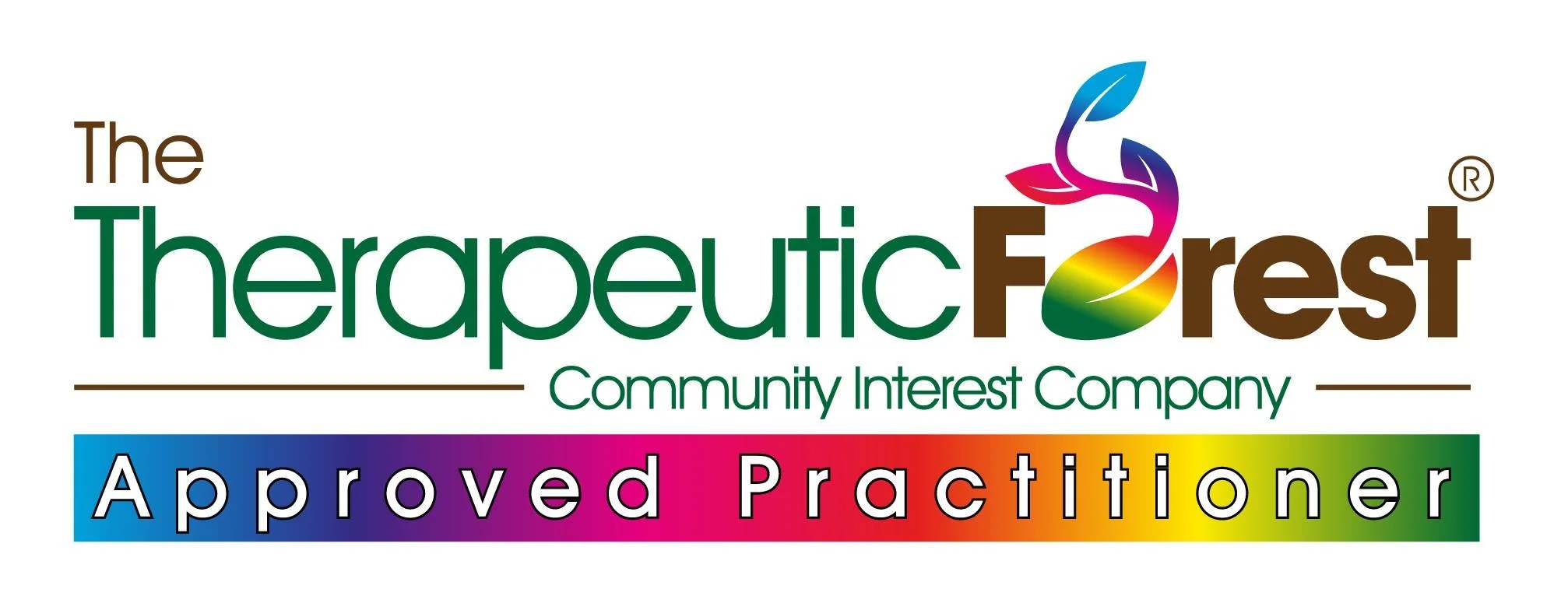 Logo of the Therapeutic Forest Community Interest Company with a colorful leaf and flame design, and the text "Approved Practitioner" on a rainbow gradient background.