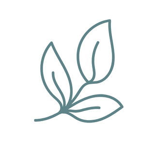 Simple line drawing of three leaves on a branch inside a white circle.