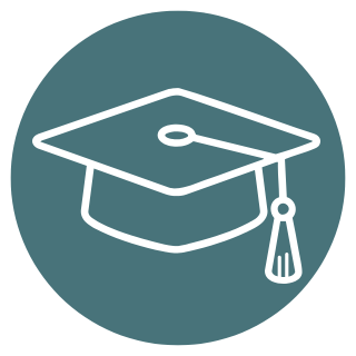Icon of a graduation cap with a tassel on a teal background.