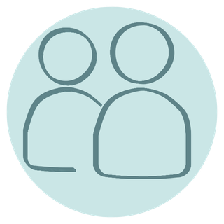 Icon of two simplified people, one smaller and one larger, on a light blue circular background.
