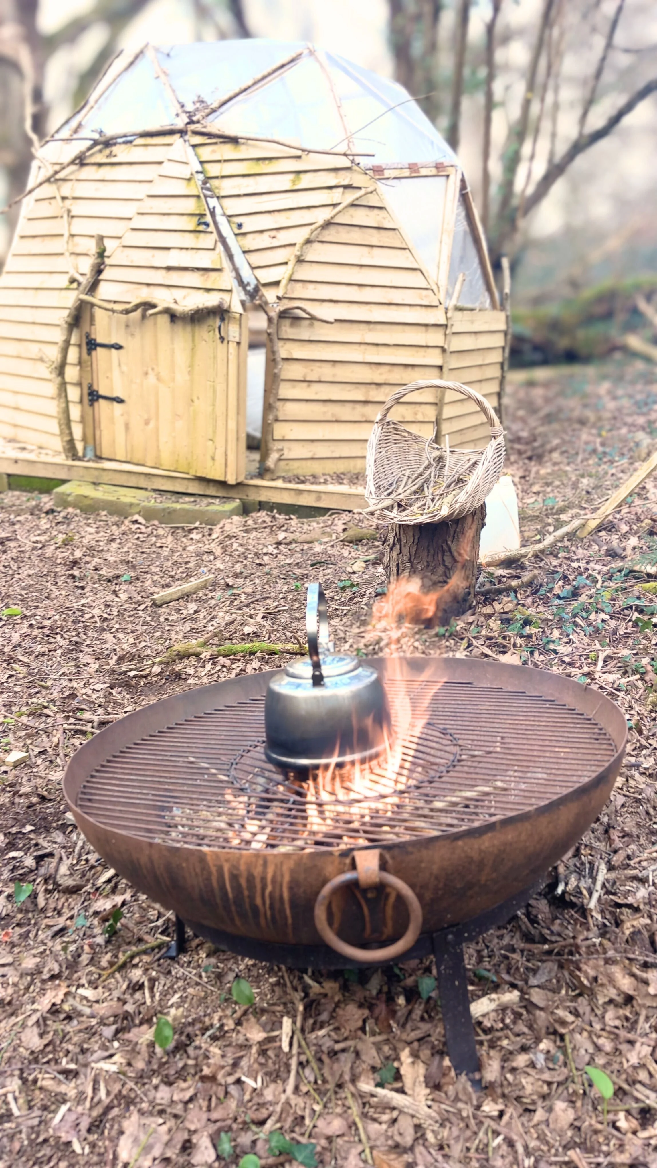 Small outdoor fire pit with a kettle on top, burning on a dirt ground surrounded by fallen leaves, and a small wooden house structure made of sticks and glass in the background.
