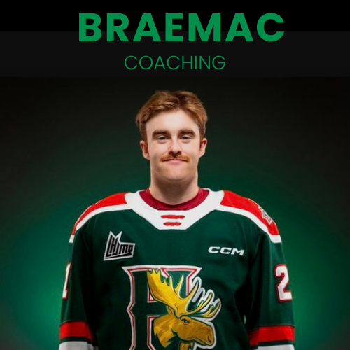 A young man with ginger hair and a mustache wearing a green, red, and white hockey jersey featuring a moose logo and the number 29, standing against a green gradient background with the text 'BRAEMAC Coaching' above him.