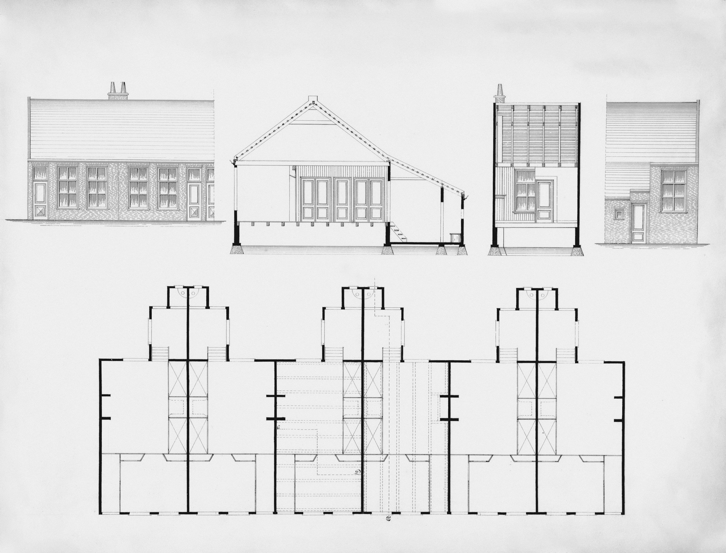 Architectural blueprint of a small building with elevation views and floor plans, showing detailed construction elements.