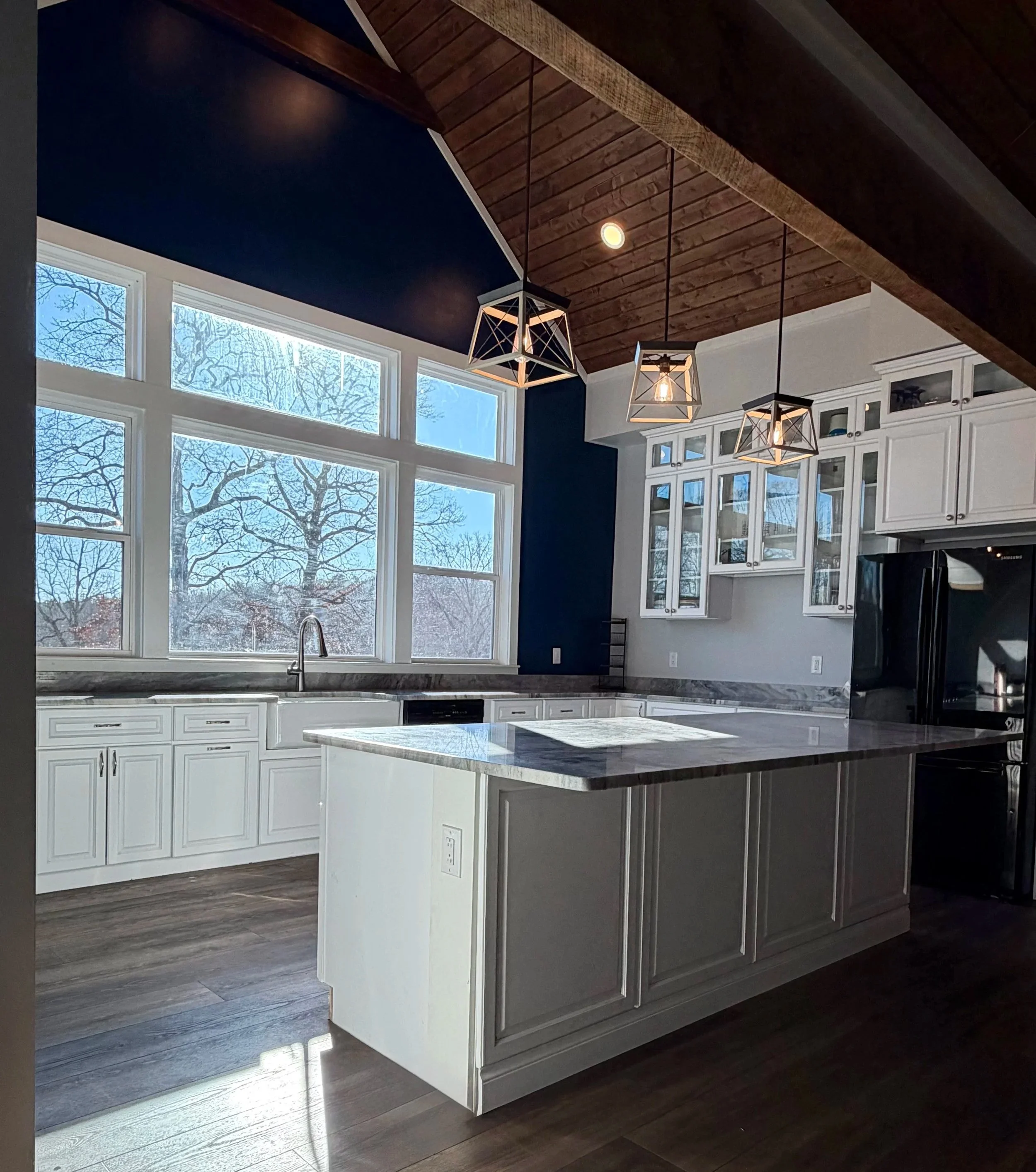 kitchen vaulted ceilings open concept large windows modern farmhouse farm sink island