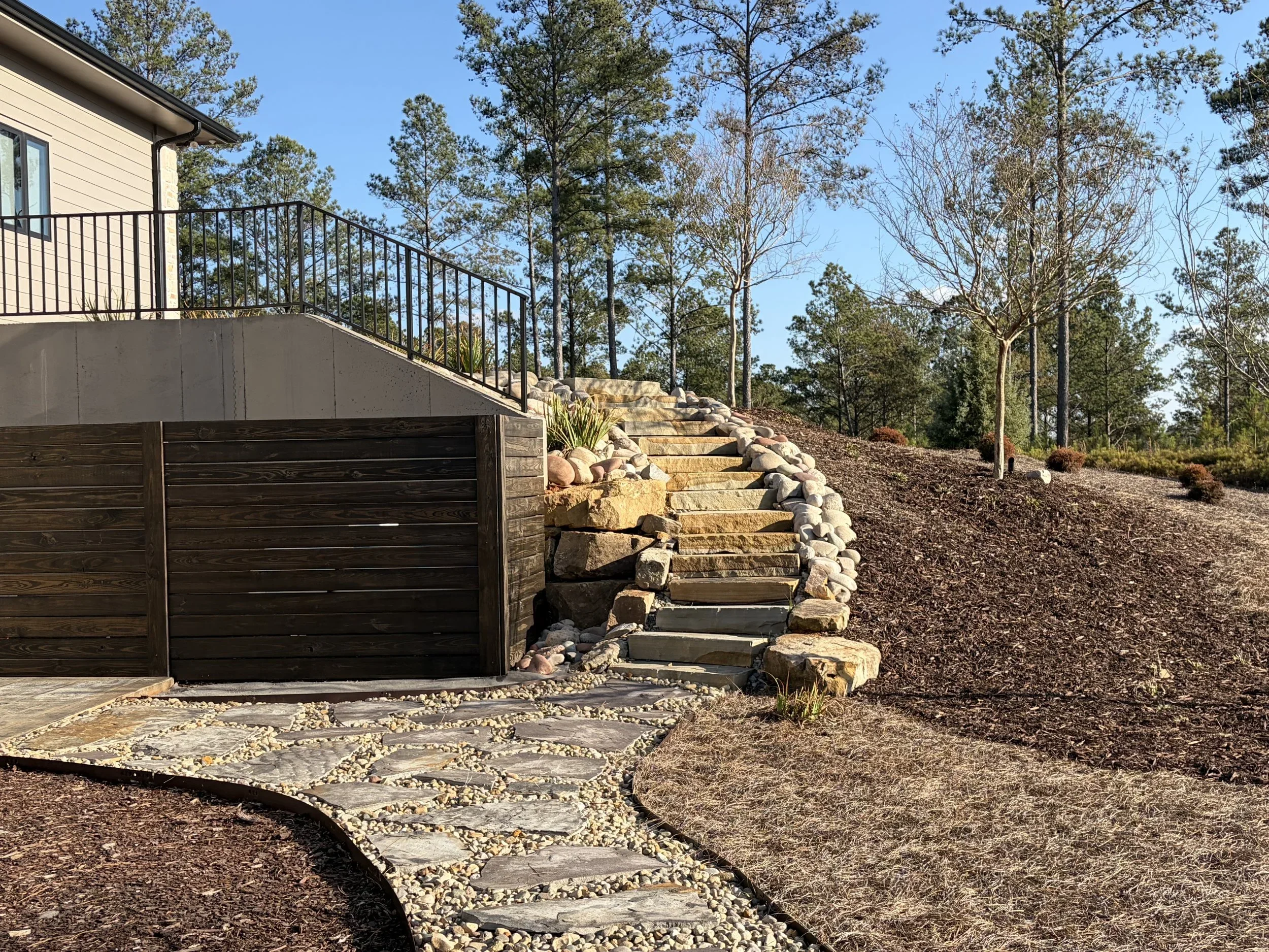 stone curved steps, hardscape, landscape design, privacy wooden decorative wall