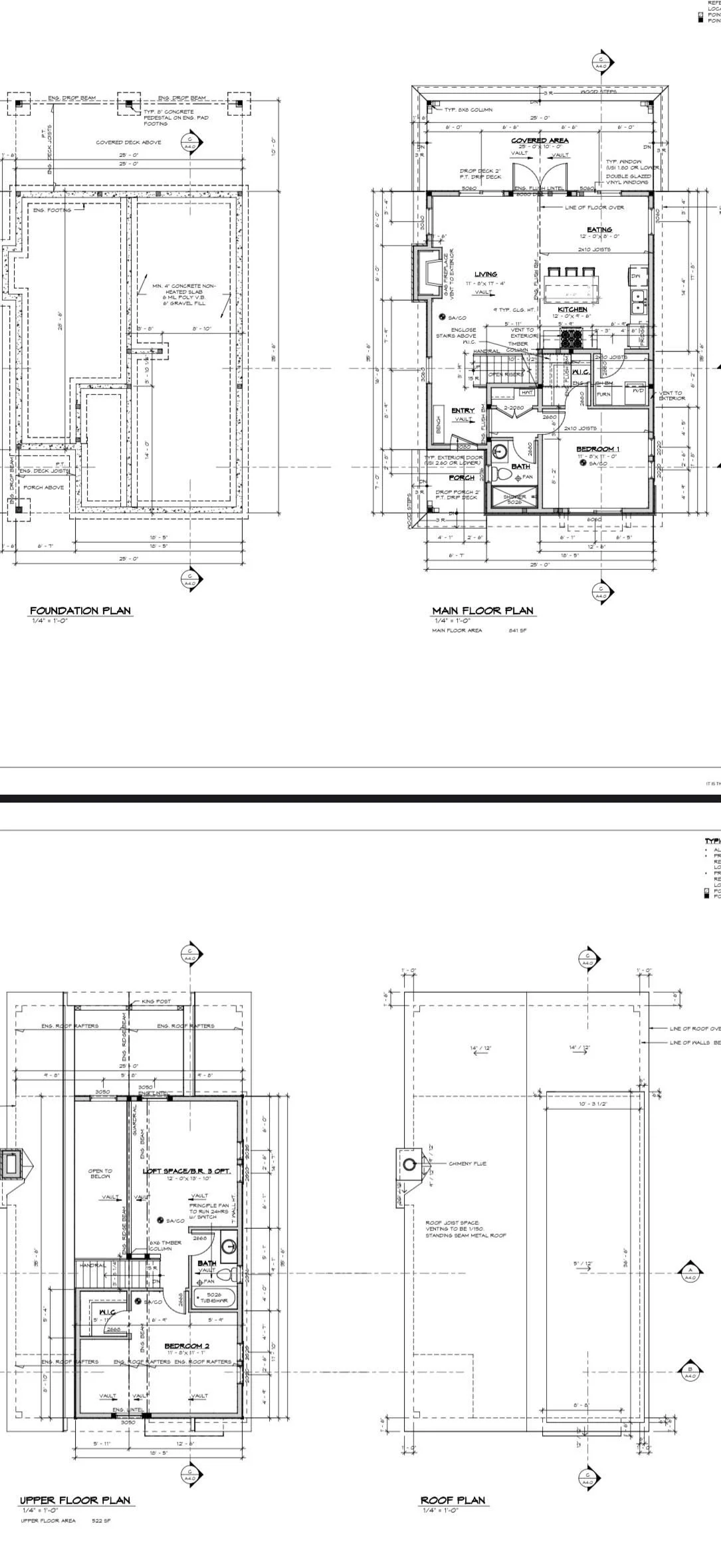 Architectural blueprints of a house showing foundation, main floor, upper floor, and roof plans with detailed room layouts and measurements.