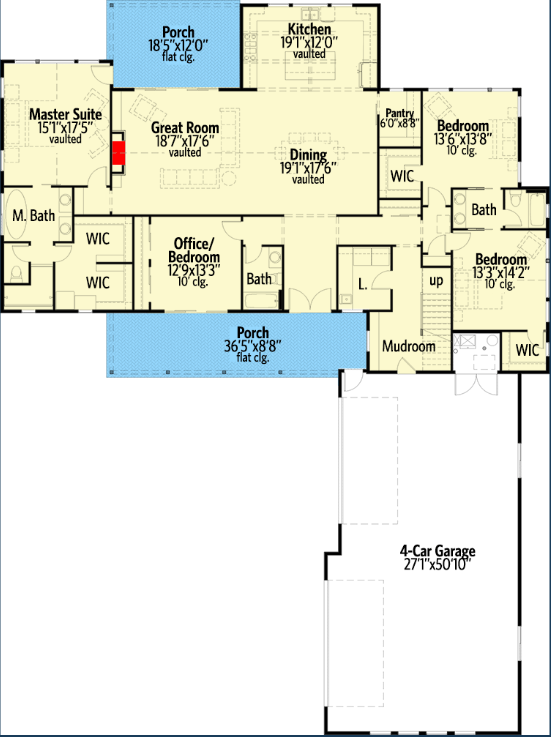Floor plan of a house with areas labeled Porch, Great Room, Kitchen, Pantry, Master Suite, Office/Bedroom, Two Baths, Bedroom, Mudroom, and a 4-car Garage.